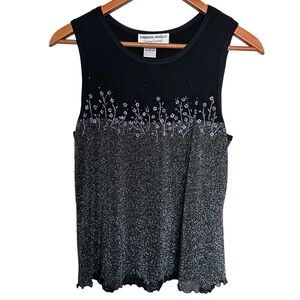 Vintage 90s Y2K Adrianna Papell Slinky Shimmer Floral Beaded Top Size XL Evening